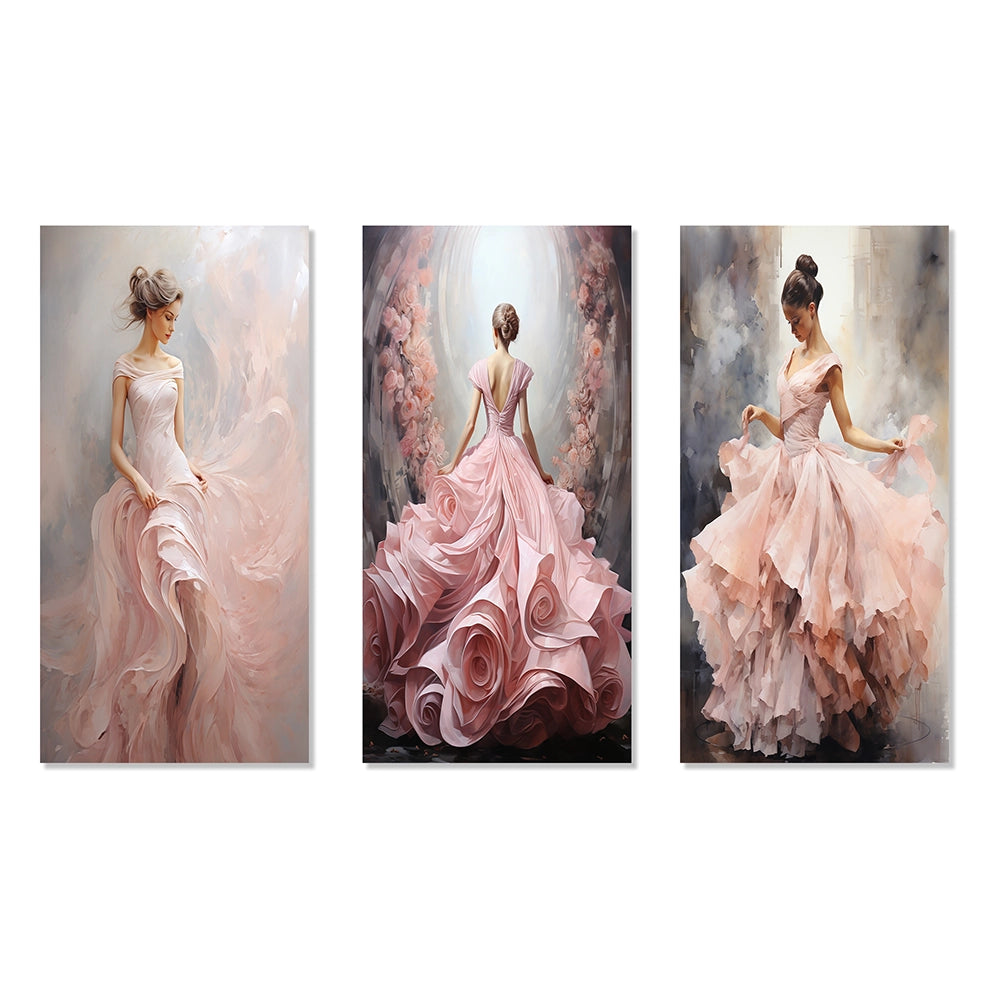 Abstract Spirals Metal Wall Art Set - Pink And White Woman Ballet Solitude I - 3 Pieces