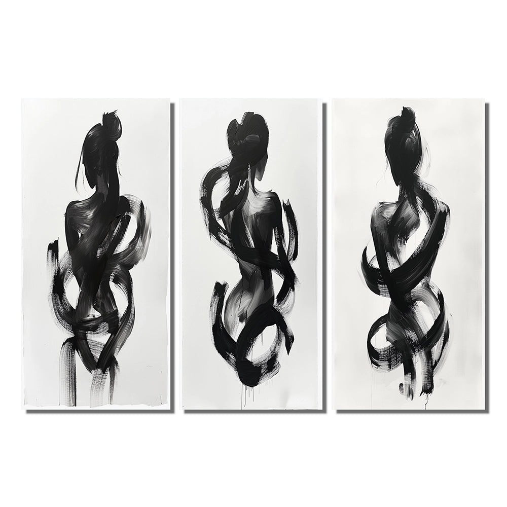 Modern Canvas Wall Art Set of 3 - Black And White Minimal Woman Silhouette I