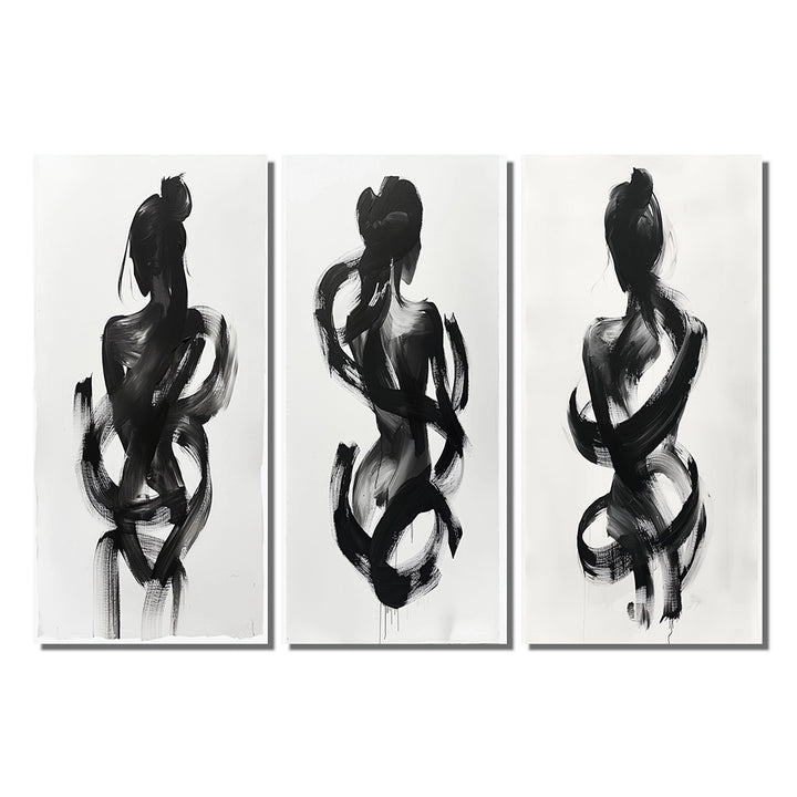 Modern Canvas Wall Art Set of 3 - Black And White Minimal Woman Silhouette I
