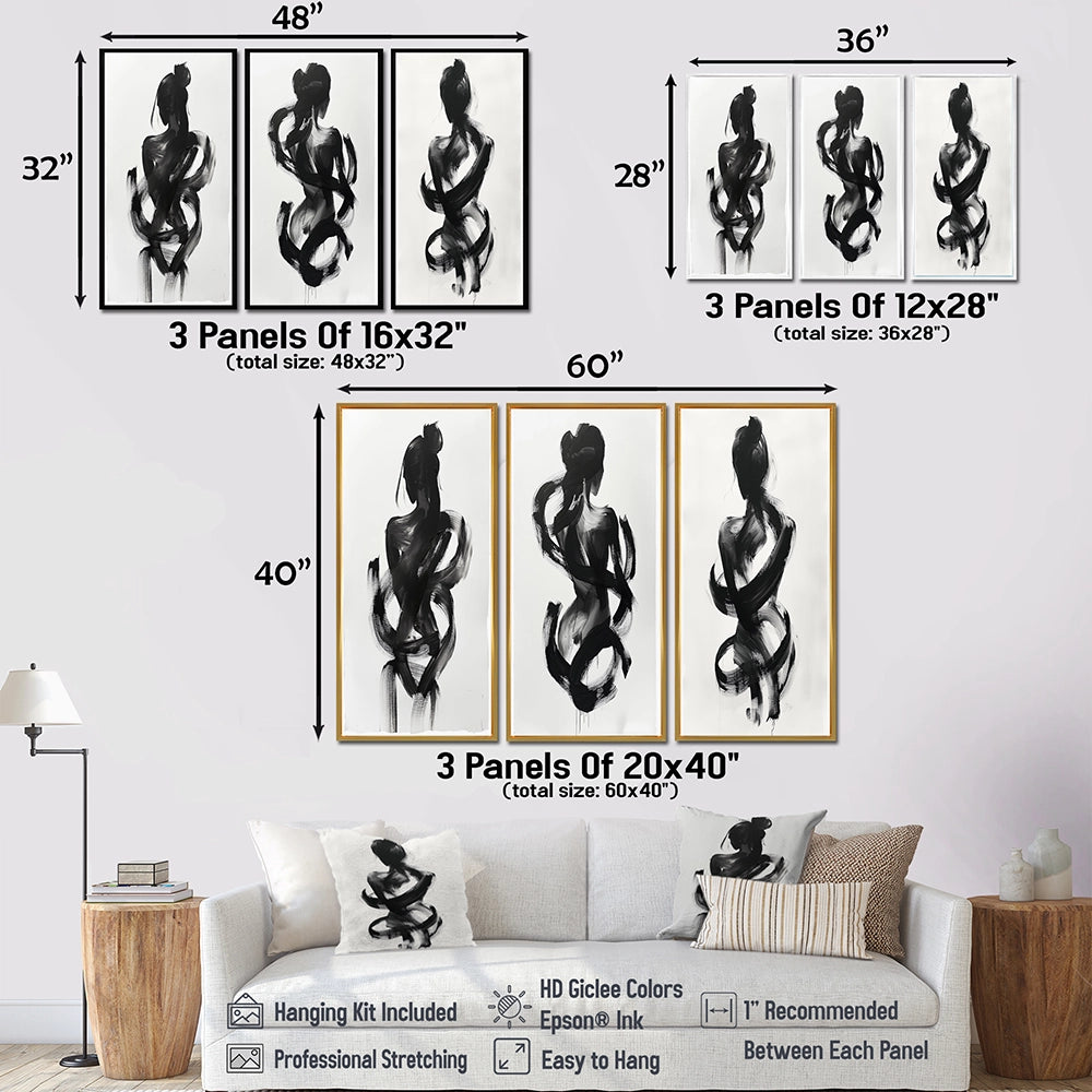 Modern Canvas Wall Art Set of 3 - Black And White Minimal Woman Silhouette I