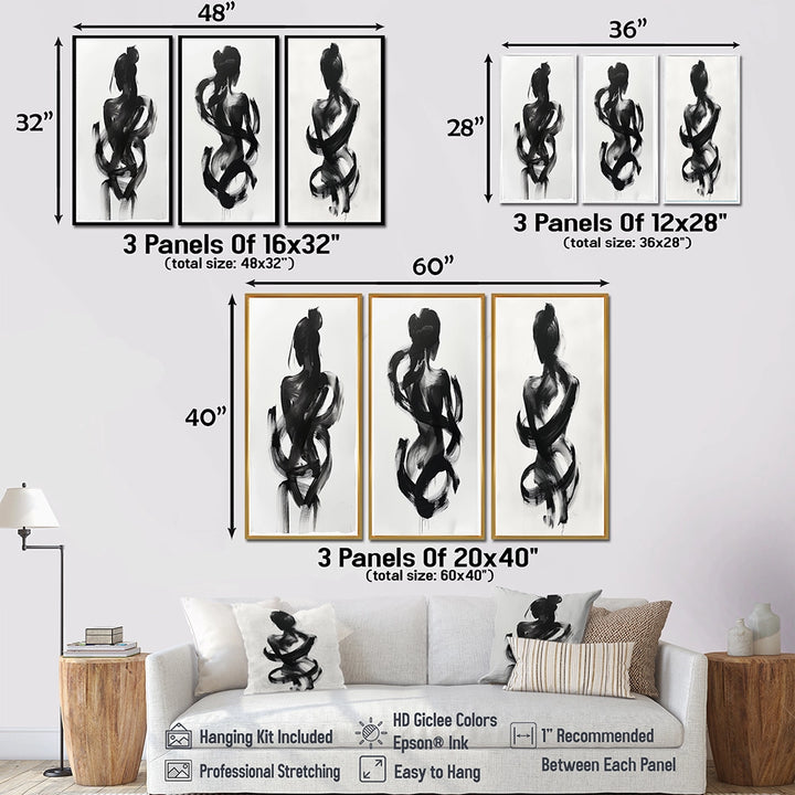 Modern Canvas Wall Art Set of 3 - Black And White Minimal Woman Silhouette I