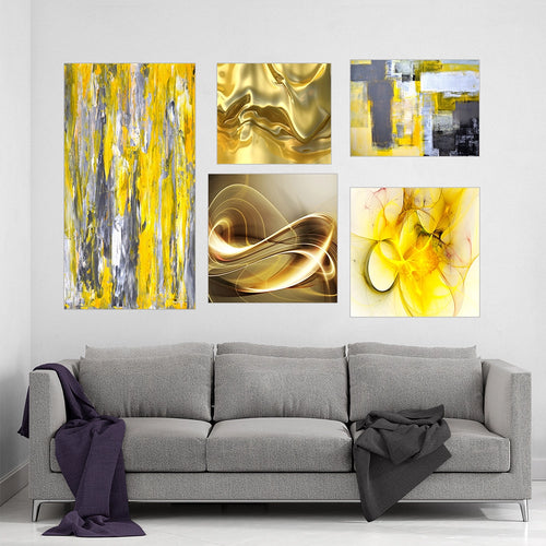 Modern Wall Art Canvas Set - Yellow and Gold Collection Abstract - 5 Pieces