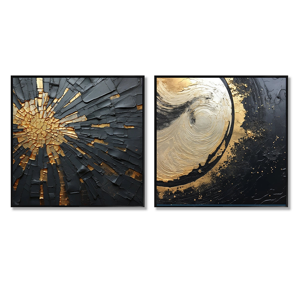 Modern Wall Art Set - Black And Gold Abstract Meditation II - 2 Pieces