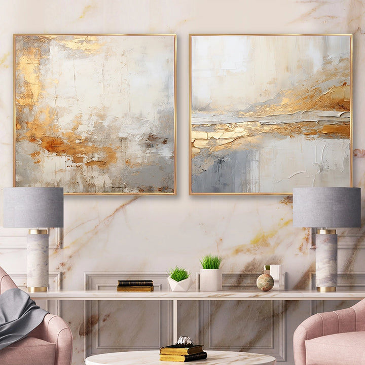 Abstract Wall Art Set - Golden And Beige Abstract Fusion - 2 Pieces