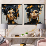 Woman Wall Art Set - Black And Gold Expressive Tribes African Woman IV - 2 Pieces