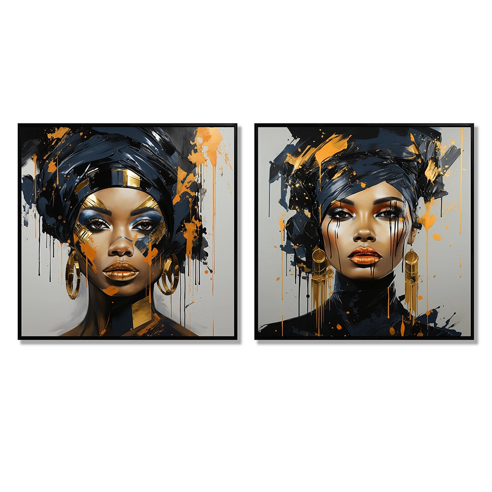 Woman Wall Art Set - Black And Gold Expressive Tribes African Woman IV - 2 Pieces
