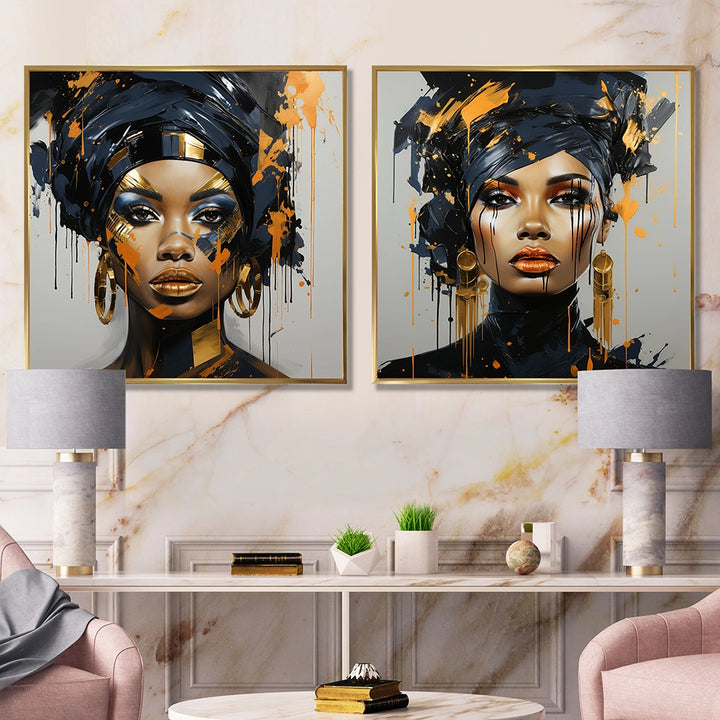Woman Wall Art Set - Black And Gold Expressive Tribes African Woman IV - 2 Pieces