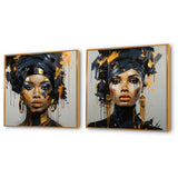 Woman Wall Art Set - Black And Gold Expressive Tribes African Woman IV - 2 Pieces