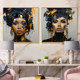 Woman Wall Art Set - Black And Gold Expressive Tribes African Woman IV - 2 Pieces