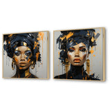 Woman Wall Art Set - Black And Gold Expressive Tribes African Woman IV - 2 Pieces