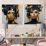 Woman Wall Art Set - Black And Gold Expressive Tribes African Woman IV - 2 Pieces