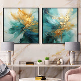Modern Canvas Wall Art Set - Gold And Teal Aurora Harmony - 2 Pieces