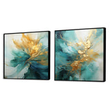 Modern Canvas Wall Art Set - Gold And Teal Aurora Harmony - 2 Pieces