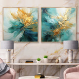 Modern Canvas Wall Art Set - Gold And Teal Aurora Harmony - 2 Pieces