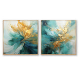 Modern Canvas Wall Art Set - Gold And Teal Aurora Harmony - 2 Pieces