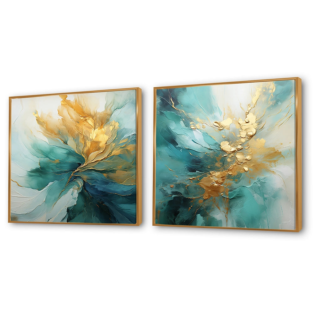Modern Canvas Wall Art Set - Gold And Teal Aurora Harmony - 2 Pieces