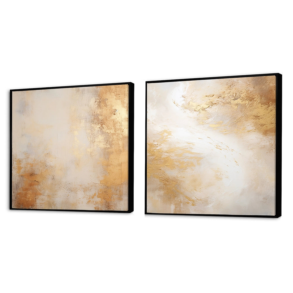 Abstract Collages Canvas Wall Art - Beige And Gold Minimalism Storms III - 2 Pieces