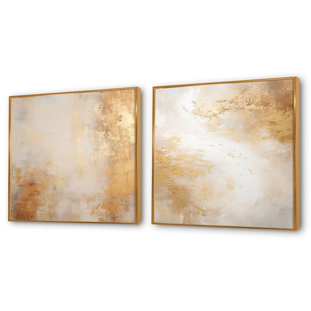 Abstract Collages Canvas Wall Art - Beige And Gold Minimalism Storms III - 2 Pieces
