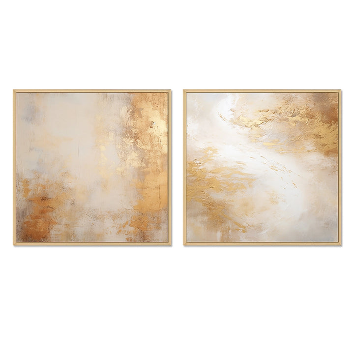 Abstract Collages Canvas Wall Art - Beige And Gold Minimalism Storms III - 2 Pieces