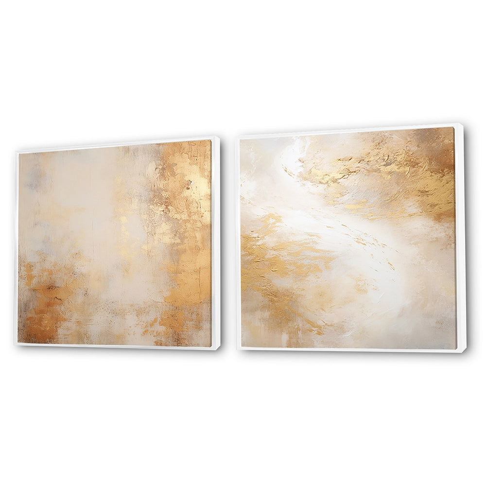 Abstract Collages Canvas Wall Art - Beige And Gold Minimalism Storms III - 2 Pieces