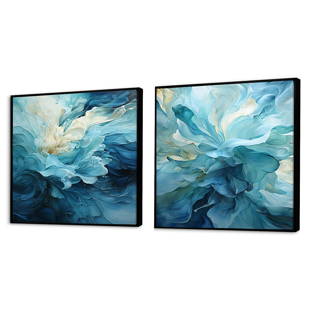 Modern Canvas Wall Art Set - Aqua Blue And White Serenity Swirl III - 2 Pieces