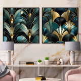 Abstract Shapes Canvas Wall Art - Damask Emerald And Gold Art Deco Pattern - 2 Pieces