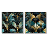 Abstract Shapes Canvas Wall Art - Damask Emerald And Gold Art Deco Pattern - 2 Pieces