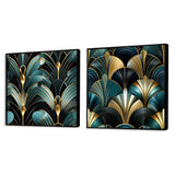 Abstract Shapes Canvas Wall Art - Damask Emerald And Gold Art Deco Pattern - 2 Pieces