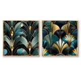 Abstract Shapes Canvas Wall Art - Damask Emerald And Gold Art Deco Pattern - 2 Pieces