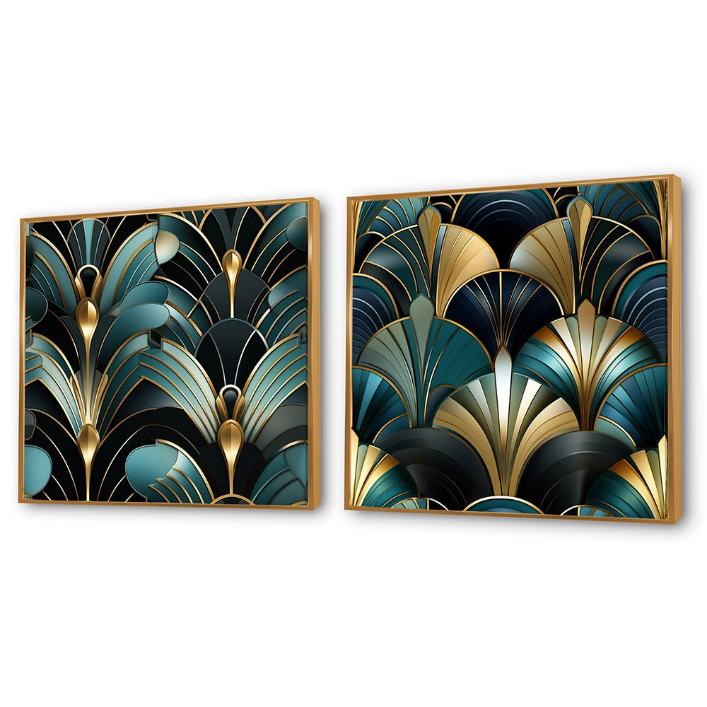 Abstract Shapes Canvas Wall Art - Damask Emerald And Gold Art Deco Pattern - 2 Pieces