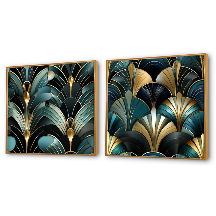 Abstract Shapes Canvas Wall Art - Damask Emerald And Gold Art Deco Pattern - 2 Pieces