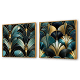 Abstract Shapes Canvas Wall Art - Damask Emerald And Gold Art Deco Pattern - 2 Pieces