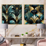 Abstract Shapes Canvas Wall Art - Damask Emerald And Gold Art Deco Pattern - 2 Pieces