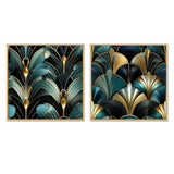 Abstract Shapes Canvas Wall Art - Damask Emerald And Gold Art Deco Pattern - 2 Pieces