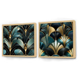 Abstract Shapes Canvas Wall Art - Damask Emerald And Gold Art Deco Pattern - 2 Pieces