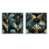 Abstract Shapes Canvas Wall Art - Damask Emerald And Gold Art Deco Pattern - 2 Pieces