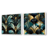 Abstract Shapes Canvas Wall Art - Damask Emerald And Gold Art Deco Pattern - 2 Pieces