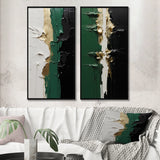 Modern Canvas Wall Art Set of 2 - Golden Green And Black Ink Merge I