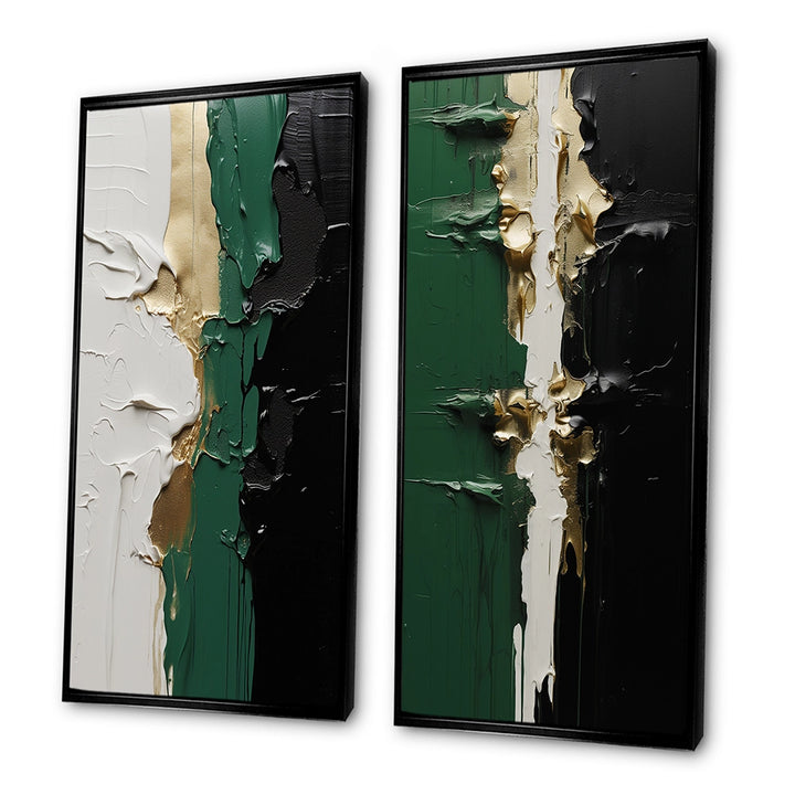 Modern Canvas Wall Art Set of 2 - Golden Green And Black Ink Merge I