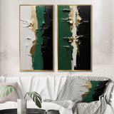 Modern Canvas Wall Art Set of 2 - Golden Green And Black Ink Merge I
