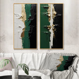 Modern Canvas Wall Art Set of 2 - Golden Green And Black Ink Merge I