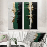 Modern Canvas Wall Art Set of 2 - Golden Green And Black Ink Merge I