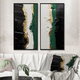 Modern Multi Panel Canvas Wall Art - Golden Green And Black Ink Merge IV
