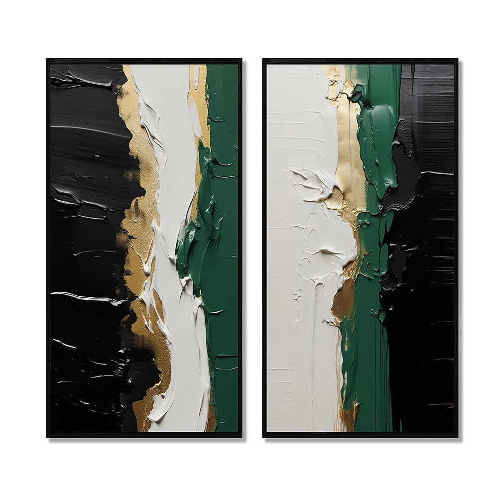 Modern Multi Panel Canvas Wall Art - Golden Green And Black Ink Merge IV
