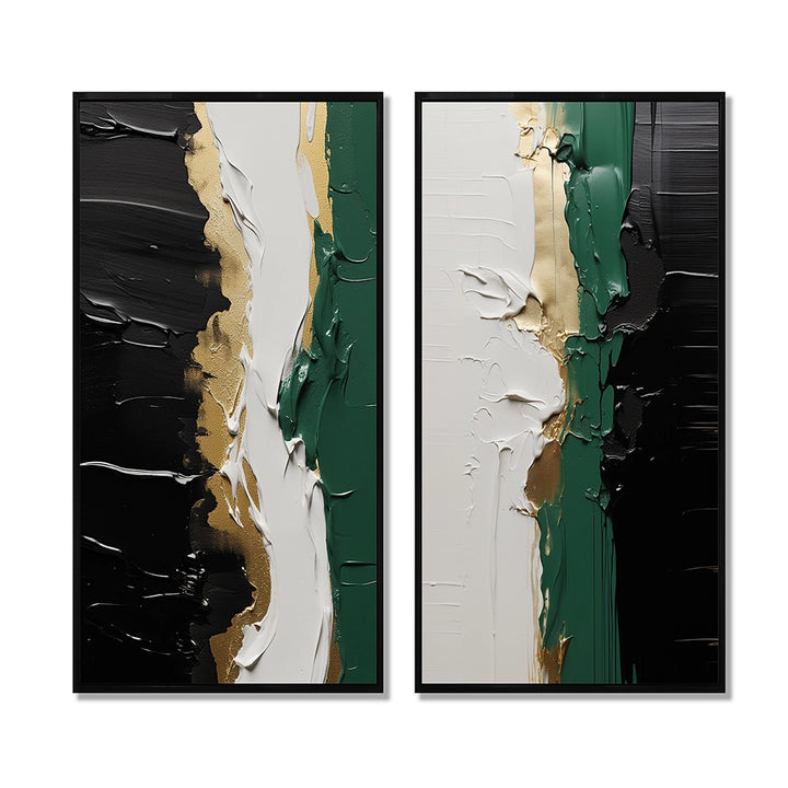 Modern Multi Panel Canvas Wall Art - Golden Green And Black Ink Merge IV