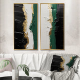 Modern Multi Panel Canvas Wall Art - Golden Green And Black Ink Merge IV