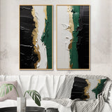 Modern Multi Panel Canvas Wall Art - Golden Green And Black Ink Merge IV