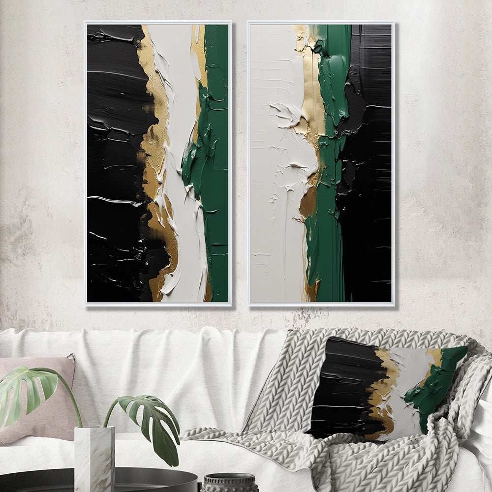 Modern Multi Panel Canvas Wall Art - Golden Green And Black Ink Merge IV