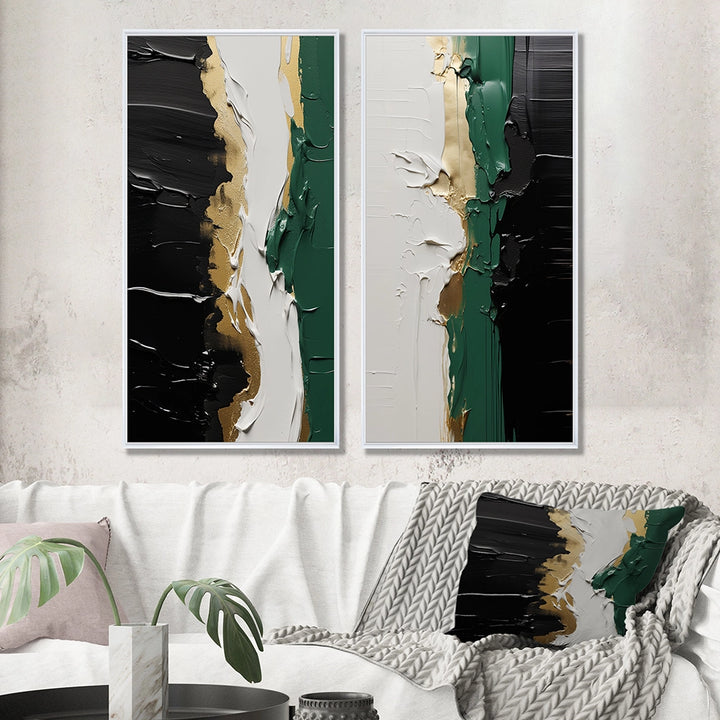 Modern Multi Panel Canvas Wall Art - Golden Green And Black Ink Merge IV