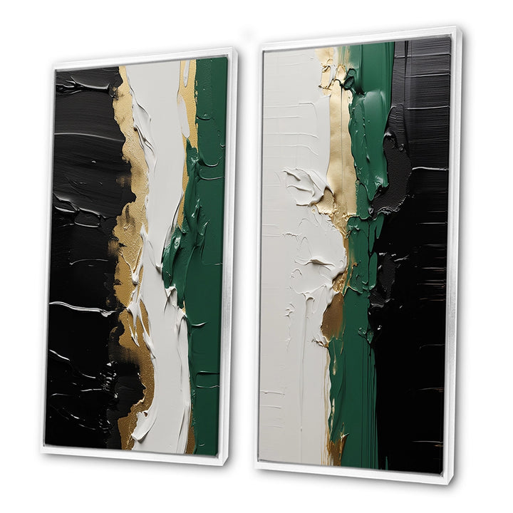 Modern Multi Panel Canvas Wall Art - Golden Green And Black Ink Merge IV
